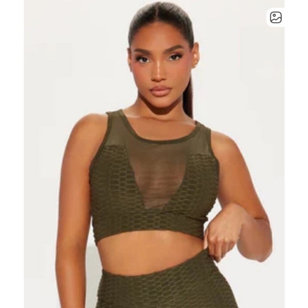 LA Society Torrey V-Mesh Olive Green Sports Bra Yoga Top, S